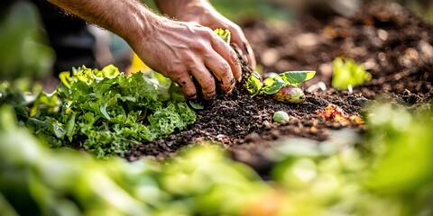 Close up of a man's hands planting lettuce in a garden.