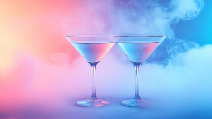 cocktail sits atop a beautifully textured surface, enveloped in wisps of smoke. The interplay of colors and light creates an enchanting atmosphere, inviting indulgence and mystery