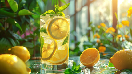 A refreshing lemonade drink with lemon slices and mint leaves, surrounded by bright sunlight and fresh greenery. Ideal for summer vibes.