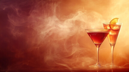 cocktail sits atop a beautifully textured surface, enveloped in wisps of smoke. The interplay of colors and light creates an enchanting atmosphere, inviting indulgence and mystery