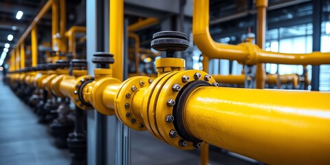 Close-up of yellow industrial pipes with valves and flanges.