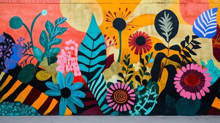 A colorful mural depicting a garden scene with stylized flowers and plants against an orange, yellow, and black backdrop.
