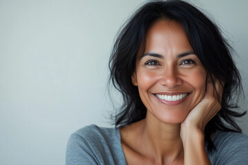 Beautiful middle age natural woman with perfect skin on neutral background with space for text, skincare concept