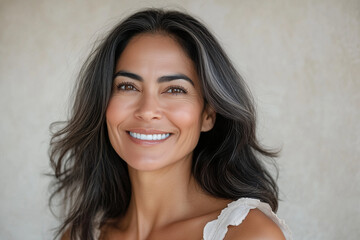 Beautiful middle age natural woman with perfect skin on neutral background with space for text, skincare concept