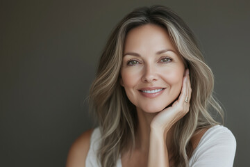 Beautiful middle age natural woman with perfect skin on neutral background with space for text, skincare concept