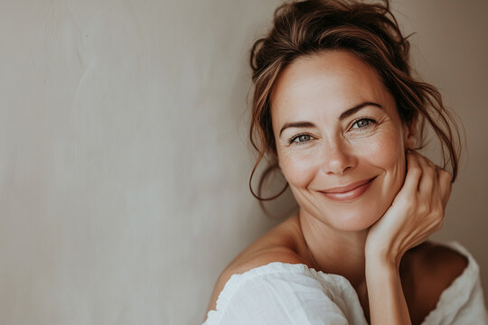 Beautiful middle age natural woman with perfect skin on neutral background with space for text, skincare concept