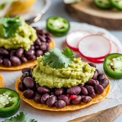 Delicious tostadas topped with black beans, guacamole, jalapeños, and fresh cilantro, perfect for a healthy snack or appetizer.