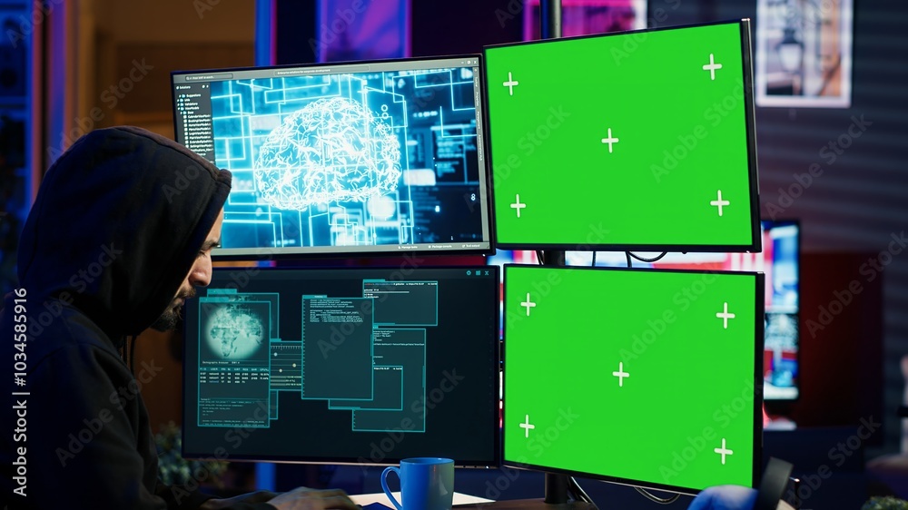Poster hacker using ai and green screen computer monitors to produce malicious malware corrupt company data