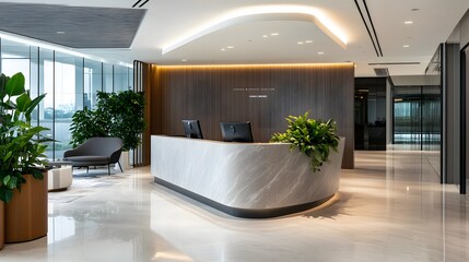 39. A sophisticated office reception with decor and an area for a product
