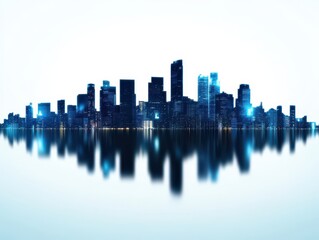 Obraz premium Modern skyline silhouette with mirrored reflection, blue tones, urban landscape, futuristic design.