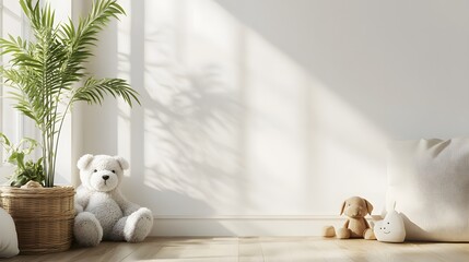 40. A playful pet corner with toys and a blank space for a product