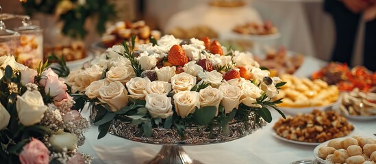 Floral Centerpiece on a Table with Dessert