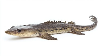 Naklejka premium Bichir a fascinating fish species in the Polypteridae family showcases its elongated body and distinctive fins on a pure white backdrop.