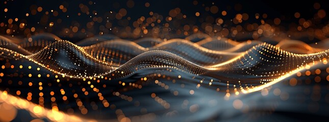 Abstract Futuristic Hi-Tech Landscape with Gold Dots and Lines on Black Background for Technological Applications