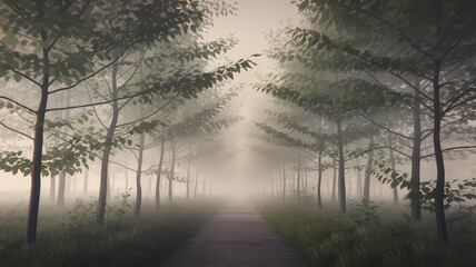 Fototapeta premium Misty pathway through serene trees, creating an enchanting atmosphere in a foggy forest landscape. Perfect for nature lovers.