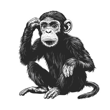 Realistic black and white vector illustration of a thoughtful chimpanzee scratching its head. Ideal for wildlife, nature, and jungle-themed designs or educational artwork. 
