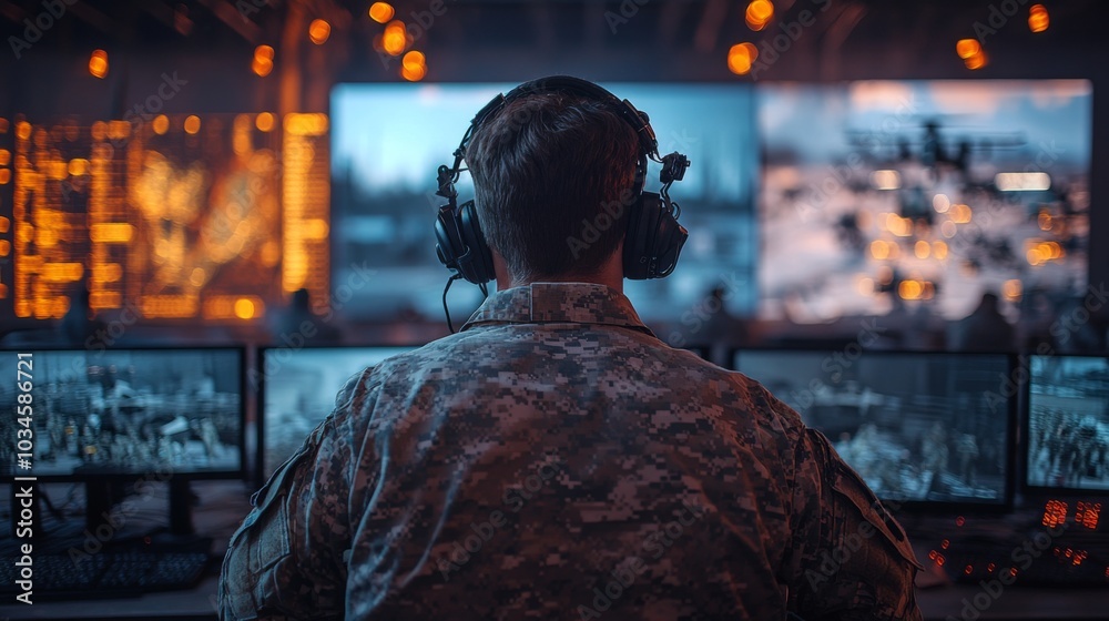 Poster A soldier sits at a desk, wearing headphones, focused on several monitors displaying tactical information and live feeds. The dimly lit command center is busy with data.