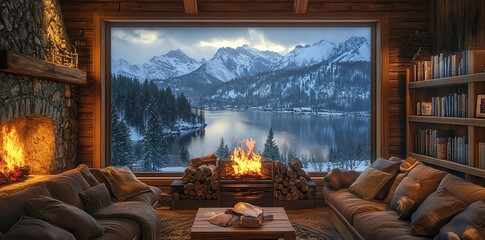 Cozy cabin living room with a fireplace and large window view of a snowy mountain landscape with a lake.
