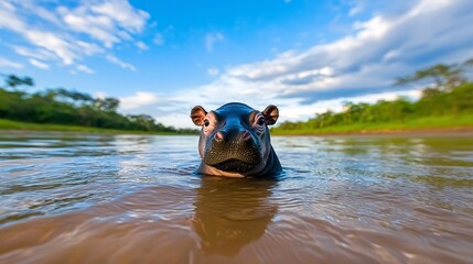 Hippopotamus Calf Peeking from Water.
