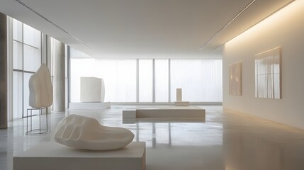 Fototapeta premium 44. A modern art exhibit with sculptures and an empty area for a product