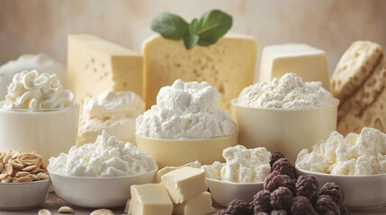 fresh dairy products, including milk, cheese, and yogurt, showcases the richness and health benefits of dairy in a clean, minimalist setting, emphasizing freshness and nourishment