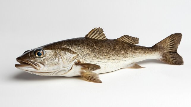 Hake fish of the species Merluccius merluccius is prominently placed on a white background highlighting its distinct colors and anatomical details. The fish appears fresh and intact.
