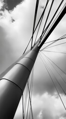 Obraz premium Modern bridge pylon piercing dramatic cloudy sky in black and white