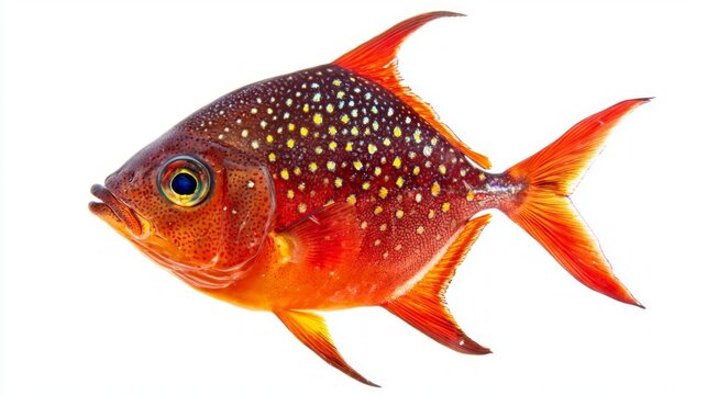 striking Opah Lampris guttatus displays vivid hues and distinctive patterns emphasizing its unique features while set against a pure white backdrop.