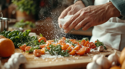 hand sprinkles salt over a dish in a kitchen setting, symbolizing the art of cooking, adding flavor and care, representing precision, creativity, and the importance of small details in life