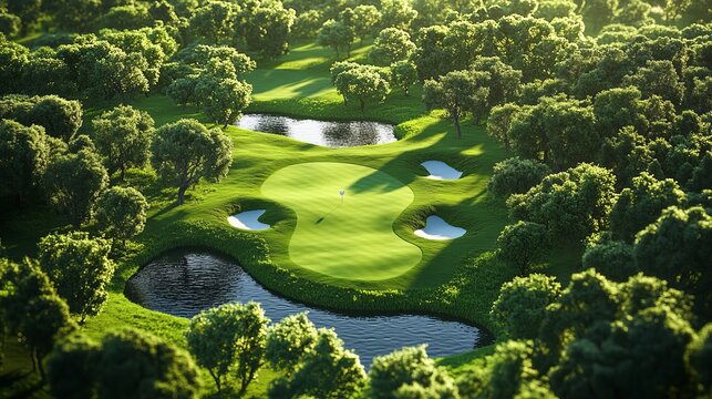 High-angle view of a golf ball soaring toward the pin, the landscape dotted with bunkers and water hazards