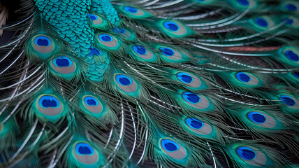 Obraz premium Close-up of a peacock's vibrant feathers displaying iridescent green and blue patterns, showcasing nature's beauty.