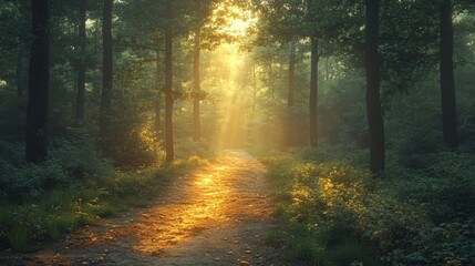 Fototapeta premium A winding forest path bathed in golden sunlight, symbolizing the journey to personal wellness and success