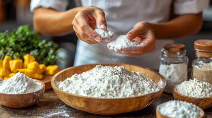 hand sprinkles salt over a dish in a kitchen setting, symbolizing the art of cooking, adding flavor and care, representing precision, creativity, and the importance of small details in life