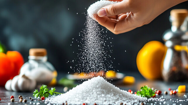 hand sprinkles salt over a dish in a kitchen setting, symbolizing the art of cooking, adding flavor and care, representing precision, creativity, and the importance of small details in life
