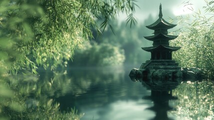 Naklejka premium Serene Reflection of a Traditional Pagoda in Nature