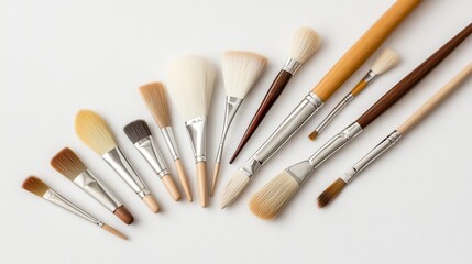 A collection of various paintbrushes arranged on a light backdrop for artistic projects and creative endeavors