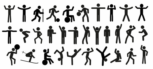 a set of pictograms of human figures in different poses, a stick man in various positions, playing sports. healthy lifestyle