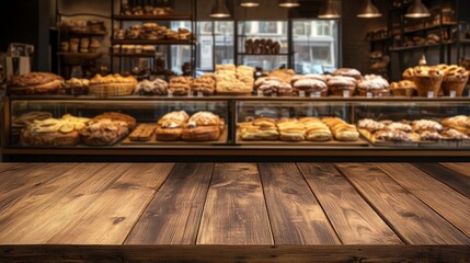 Empty wooden table in front of bakery display case with assorted pastries.