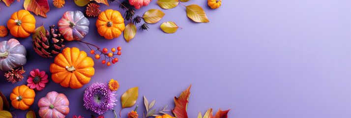 Fototapeta premium Autumn decoration on purple background. Empty space in the middle. Seasonal flowers and pumpkins.