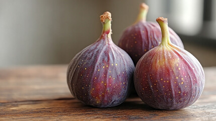 Fototapeta premium Fresh, ripe figs arranged on a wooden surface with an empty space for text, highlighting their natural beauty. A symbol of abundance, fertility, and Mediterranean culture, ideal for food-related conte