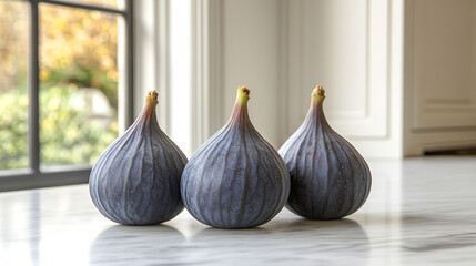 Obraz premium Fresh, ripe figs arranged on a wooden surface with an empty space for text, highlighting their natural beauty. A symbol of abundance, fertility, and Mediterranean culture, ideal for food-related conte