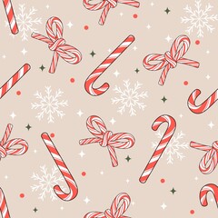 Christmas candy cane and coquette bow seamless pattern, Winter holiday sweets gift, Xmas printable digital paper background