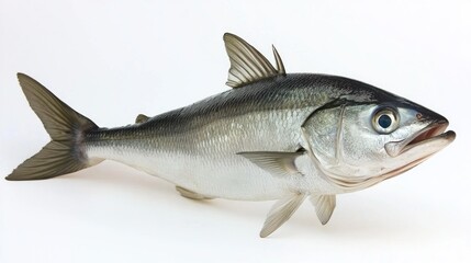 striking Bluefish Pomatomus saltatrix is displayed against a clean white background highlighting its sleek shape and beautiful coloration. This fish is known for its aggressive feeding habits.
