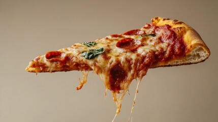 A slice of pepperoni pizza with melted cheese and basil,  ready to be enjoyed.