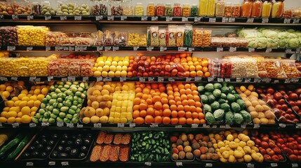 Obraz premium A colorful display of fresh produce at a grocery store. The shelves are filled with vibrant fruits and vegetables, creating a visual feast.