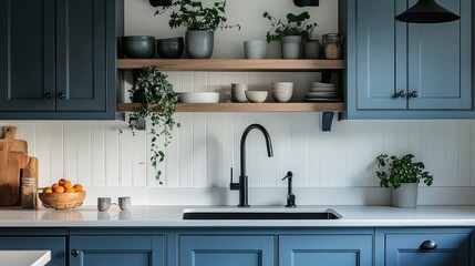 Modern Kitchen Design with Blue Cabinets and Open Shelving
