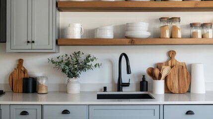 Modern Kitchen Design with Grey Cabinets and Wood Shelves