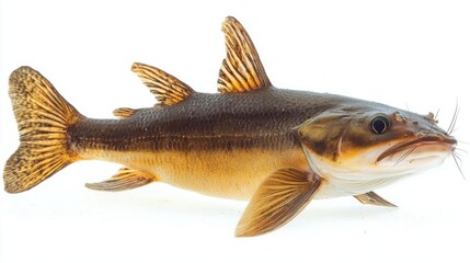 Fototapeta premium bullhead catfish Ameiurus spp is prominently featured against a clean white background highlighting its unique physical traits and coloration.