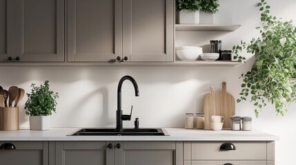 Fototapeta premium Modern Kitchen Design with Sleek Cabinets and Open Shelving