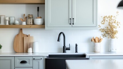 Fototapeta premium Modern Kitchen Design with White Cabinets and Black Faucet
